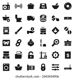 Flat vector icon set - toilet vector, brush, pan, oven, double boiler, pen, university, investment, dollar cursor, medal, phone, receipt, document, package, weight, flammable, cargo search, disk