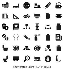 Flat vector icon set - toilet vector, sprayer, plates, cookbook, jar, pasta, pencil, corner ruler, coin stack, money search, hierarchy, buttocks, pills, Railway carriage, truck trailer, newspaper