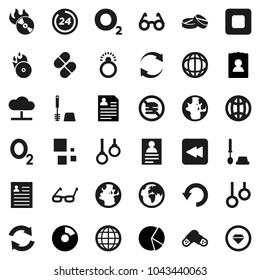Flat vector icon set - toilet brush vector, glasses, world, personal information, pie graph, no fastfood, gymnast rings, oxygen, earth, music hit, stop button, backward, pills, cloud network, undo
