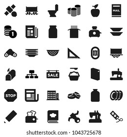 Flat vector icon set - toilet vector, washing powder, plates, colander, cookbook, jar, pasta, pencil, corner ruler, apple fruit, coin stack, hierarchy, stadium, Railway carriage, satellite, pills