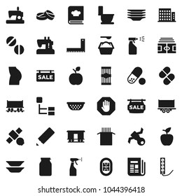 Flat vector icon set - toilet vector, washing powder, sprayer, plates, colander, cookbook, jar, pasta, pencil, corner ruler, apple fruit, stadium, buttocks, pills, Railway carriage, satellite, stop