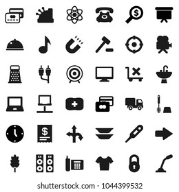 Flat vector icon set - toilet brush vector, sink, grater, plates, dish, cereal, atom, notebook pc, magnet, music, credit card, money search, clock, presentation board, t shirt, target, first aid kit
