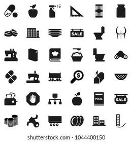 Flat vector icon set - toilet vector, washing powder, sprayer, plates, colander, cookbook, jar, pasta, corner ruler, apple fruit, coin stack, money search, buttocks, pills, Railway carriage, stop