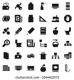 Flat vector icon set - toilet vector, washing powder, sprayer, plates, cookbook, jar, pasta, pencil, corner ruler, apple fruit, coin stack, money search, hierarchy, Railway carriage, satellite, stop