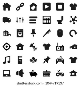 Flat vector icon set - toilet vector, university, pen, notebook pc, music, piggy bank, calculator, target, t shirt, satellitie, speaker, gamepad, settings, social media, thumbtack, play button, stop
