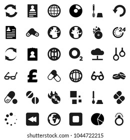 Flat vector icon set - toilet brush vector, glasses, world, personal information, pie graph, pound, pills, gymnast rings, oxygen, earth, music hit, stop button, backward, cloud network, refresh