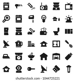 Flat vector icon set - toilet vector, sink, skimmer, oven, double boiler, home, key, chalet, garage, plan, apartments, search estate, love, tv, iron, fridge, siren, mixer, toaster, kitchen scales