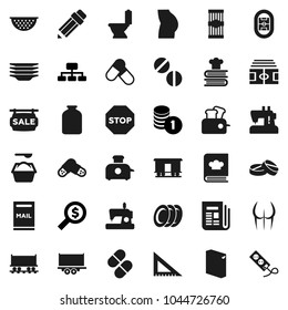 Flat vector icon set - toilet vector, washing powder, plates, colander, cookbook, jar, pasta, pencil, corner ruler, coin stack, money search, hierarchy, stadium, buttocks, pills, Railway carriage