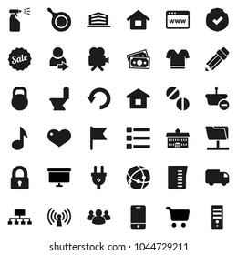 Flat vector icon set - toilet vector, sprayer, pan, measuring cup, university, pencil, music, flag, cart, presentation board, hierarchy, t shirt, money, protected, weight, video camera, mobile phone