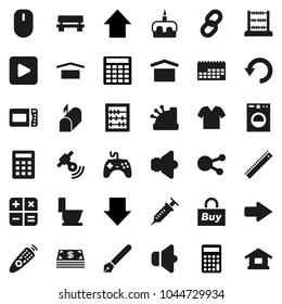 Flat vector icon set - toilet vector, cake, pen, ruler, abacus, calculator, arrow down, up, calendar, dry cargo, satellitie, speaker, gamepad, remote control, social media, play button, syringe, buy