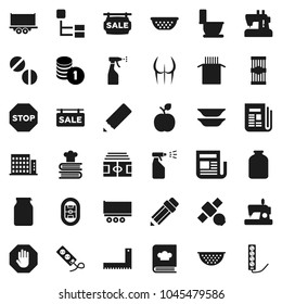 Flat vector icon set - toilet vector, sprayer, colander, cookbook, plates, jar, pasta, pencil, corner ruler, apple fruit, coin stack, stadium, buttocks, satellite, truck trailer, newspaper, pills