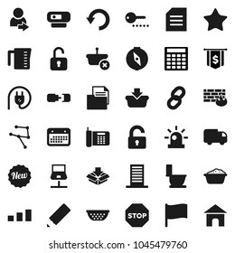 Flat vector icon set - toilet vector, foam basin, colander, measuring cup, pencil, compass, document, flag, calculator, dollar, calendar, sorting, favorites, network, notebook, firewall, undo, chain