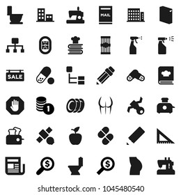 Flat vector icon set - toilet vector, washing powder, sprayer, cookbook, plates, pasta, pencil, corner ruler, apple fruit, coin stack, money search, buttocks, pills, stadium, satellite, newspaper
