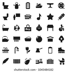 Flat vector icon set - toilet vector, foam basin, kettle, apron, turk coffee, chicken leg, pen, pencil, blackboard, music, fitball, roller Skates, pool, ship, truck trailer, wood box, dry cargo, buy
