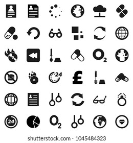 Flat vector icon set - toilet brush vector, glasses, world, personal information, pie graph, pound, pills, no fastfood, gymnast rings, oxygen, earth, music hit, backward button, cloud network, undo