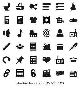 Flat vector icon set - toilet vector, ruler, pen, bell, calculator, music, any currency, roller Skates, target, dry cargo, radio, speaker, social media, heart, thumbtack, menu, redo, chain, unlock