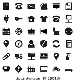 Flat vector icon set - toilet vector, sprayer, measuring cup, university, backpack, calculator, compass, document, graph, cash, presentation board, target, protected, classic phone, pills, folder