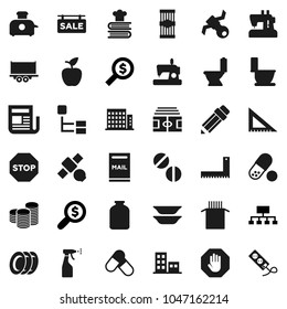 Flat vector icon set - toilet vector, sprayer, plates, cookbook, jar, pasta, pencil, corner ruler, apple fruit, coin stack, money search, hierarchy, stadium, pills, satellite, truck trailer, stop