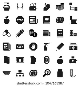 Flat vector icon set - toilet vector, washing powder, sprayer, plates, colander, cookbook, jar, pencil, apple fruit, coin stack, money search, stadium, buttocks, pills, Railway carriage, newspaper