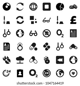 Flat vector icon set - toilet brush vector, glasses, world, personal information, pie graph, pound, pills, no fastfood, gymnast rings, oxygen, earth, music hit, stop button, backward, cloud network