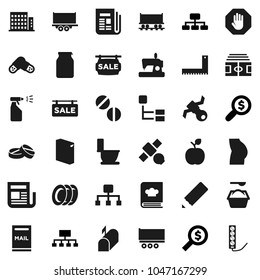 Flat vector icon set - toilet vector, washing powder, sprayer, plates, cookbook, jar, pencil, corner ruler, apple fruit, money search, hierarchy, stadium, buttocks, Railway carriage, satellite, stop