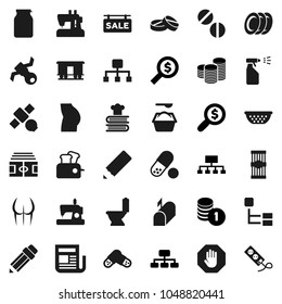 Flat vector icon set - toilet vector, washing powder, sprayer, colander, cookbook, plates, jar, pasta, pencil, coin stack, money search, hierarchy, stadium, buttocks, pills, satellite, newspaper