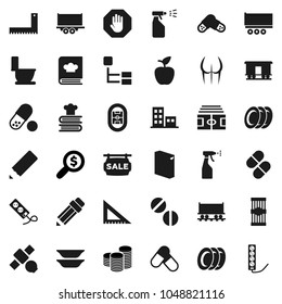 Flat vector icon set - toilet vector, washing powder, sprayer, plates, cookbook, pasta, pencil, corner ruler, apple fruit, coin stack, money search, stadium, buttocks, pills, Railway carriage, stop