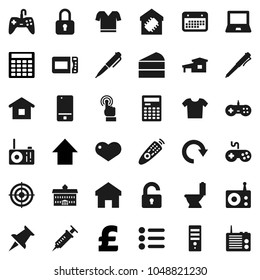 Flat vector icon set - toilet vector, cake, university, pen, calculator, notebook pc, arrow up, pound, t shirt, target, calendar, radio, gamepad, remote control, mobile phone, touchscreen, heart