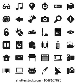 Flat vector icon set - toilet brush vector, plates, kettle, glasses, notebook pc, schedule, music, magnifier, japanese candle, muscule hand, heart monitor, barcode, satellite antenna, film frame