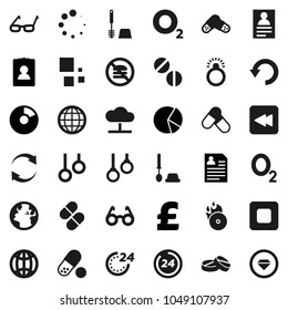 Flat vector icon set - toilet brush vector, glasses, personal information, pie graph, pound, pills, no fastfood, gymnast rings, oxygen, earth, music hit, stop button, backward, cloud network, undo