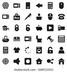 Flat vector icon set - toilet vector, microwave oven, pen, calculator, piggy bank, target, satellitie, speaker, mobile phone, social media, play button, rec, arrow, loading, lock, unlock, user, cash