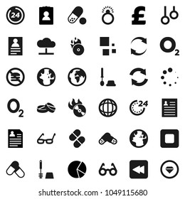 Flat vector icon set - toilet brush vector, glasses, world, personal information, pie graph, pound, pills, no fastfood, gymnast rings, oxygen, earth, music hit, stop button, backward, cloud network