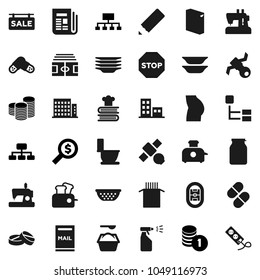 Flat vector icon set - toilet vector, washing powder, sprayer, plates, colander, cookbook, jar, pasta, pencil, coin stack, money search, hierarchy, stadium, buttocks, satellite, newspaper, pills