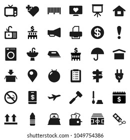 Flat vector icon set - toilet brush vector, sink, kettle, meat hammer, presentation, bank building, dollar calendar, stadium, fitball, water bottle, no smoking, heart monitor, cross, signpost, plane