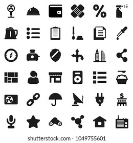 Flat vector icon set - toilet brush vector, washing powder, sprayer, kettle, dish, compass, molecule, wallet, bank building, route, support, consolidated cargo, clipboard, document, umbrella, patch