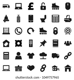 Flat vector icon set - toilet vector, university, bell, calculator, notebook pc, school bus, abacus, any currency, pound, t shirt, roller Skates, target, remote control, mobile phone, group, heart