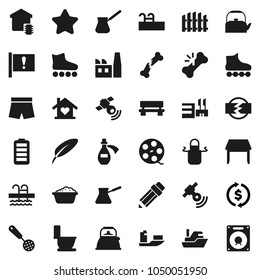 Flat vector icon set - toilet vector, foam basin, kettle, apron, skimmer, turk coffee, pen, pencil, exchange, shorts, roller Skates, pool, attention, ship, film spool, satellitie, battery, potion