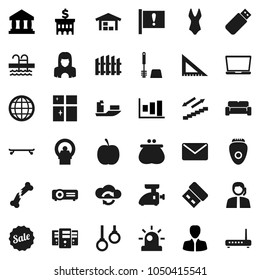Flat vector icon set - toilet brush vector, shining window, cleaner woman, corner ruler, bank, graph, manager, building, diet, swimsuite, skateboard, stairways run, pool, gymnast rings, attention