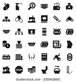 Flat vector icon set - toilet vector, washing powder, sprayer, plates, colander, cookbook, pasta, coin stack, money search, hierarchy, buttocks, pills, stadium, satellite, Railway carriage, stop