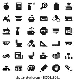 Flat vector icon set - toilet vector, washing powder, sprayer, colander, cookbook, plates, jar, pencil, corner ruler, apple fruit, coin stack, money search, hierarchy, stadium, pills, satellite