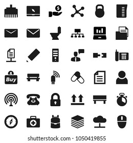 Flat vector icon set - toilet vector, measuring cup, cook timer, pencil, backpack, compass, document, laptop graph, investment, hierarchy, pills, first aid kit, phone, top sign, weight, antenna, buy