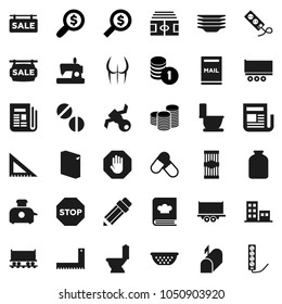 Flat vector icon set - toilet vector, washing powder, plates, colander, cookbook, jar, pasta, pencil, corner ruler, coin stack, money search, stadium, buttocks, pills, Railway carriage, satellite