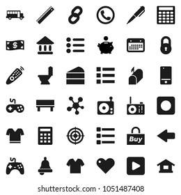 Flat vector icon set - toilet vector, cake, ruler, pen, bell, school bus, university, piggy bank, calculator, t shirt, target, calendar, radio, gamepad, remote control, mobile phone, social media