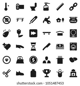 Flat vector icon set - toilet vector, liquid soap, kettle, apron, cook glove, knife, thermometer, jar, pasta, potato, chicken leg, ruler, award cup, dollar coin, sand clock, horizontal bar, snickers