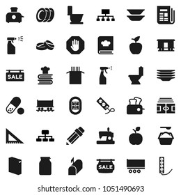 Flat vector icon set - toilet vector, washing powder, sprayer, plates, cookbook, jar, pasta, pencil, corner ruler, apple fruit, hierarchy, stadium, pills, Railway carriage, truck trailer, newspaper