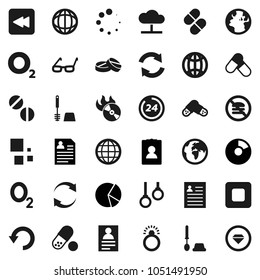 Flat vector icon set - toilet brush vector, glasses, world, personal information, pie graph, pills, no fastfood, gymnast rings, oxygen, earth, music hit, stop button, backward, cloud network, undo