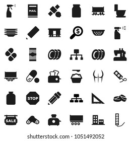 Flat vector icon set - toilet vector, washing powder, sprayer, plates, colander, jar, pasta, pencil, corner ruler, money search, hierarchy, buttocks, pills, Railway carriage, satellite, stop