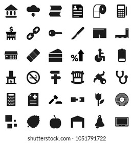 Flat vector icon set - toilet paper vector, grater, cake, corner ruler, bell, leaf, university, percent growth, auction, bank building, personal information, diet, shorts, no smoking, satellite, key