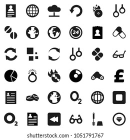 Flat vector icon set - toilet brush vector, glasses, world, personal information, pie graph, pound, pills, gymnast rings, oxygen, earth, music hit, stop button, backward, cloud network, refresh