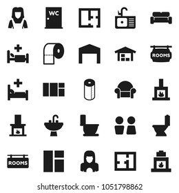 Flat vector icon set - toilet vector, paper, water closet, sink, cleaner woman, hospital bed, barn, plan, rooms signboard, cushioned furniture, fireplace, window